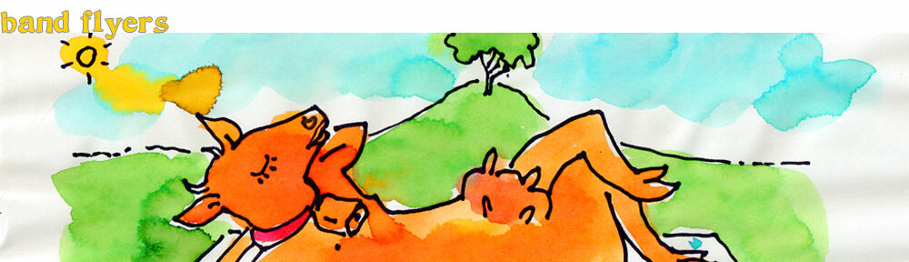 watercolor illustration of an orange cow napping on its back in the grass on a sunny day